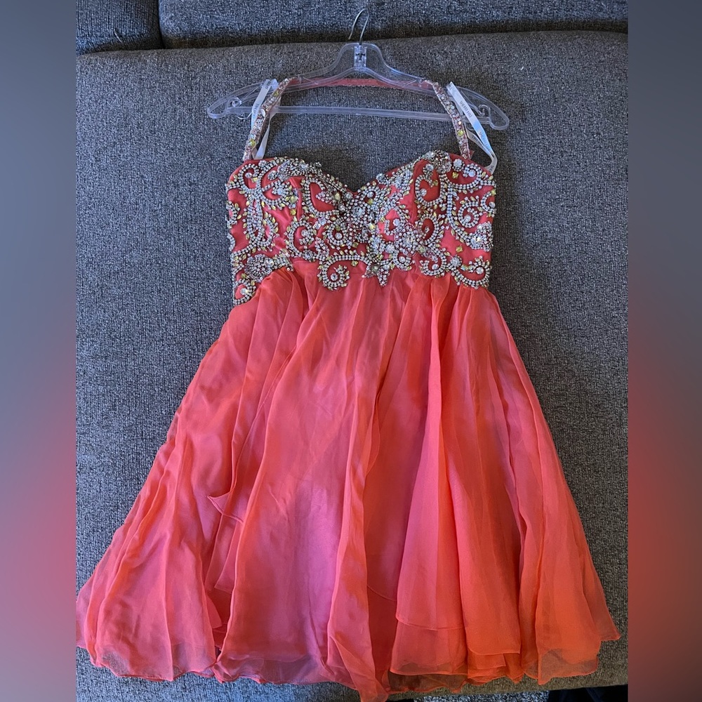 Sherri Hill Coral Pink Embellished Strapless Mini Dress 4